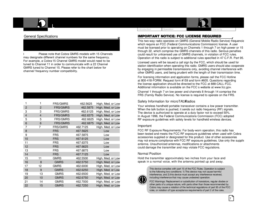 Cobra Electronics CXR925 General Specifications FCC License, Safety Information for microTALK Radios, Normal Position 