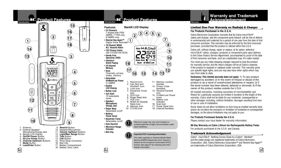 Cobra Electronics CXR925 owner manual Product Features, Warranty and Trademark Acknowledgement 