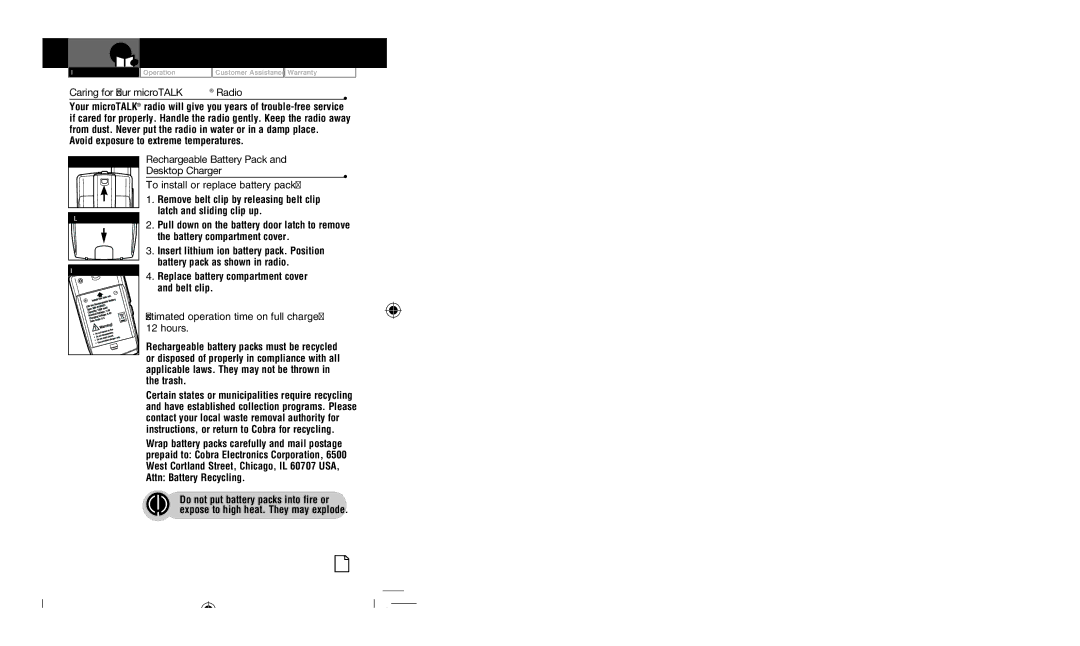 Cobra Electronics CXR925 owner manual Caring for Your microTALK Radio, Avoid exposure to extreme temperatures 