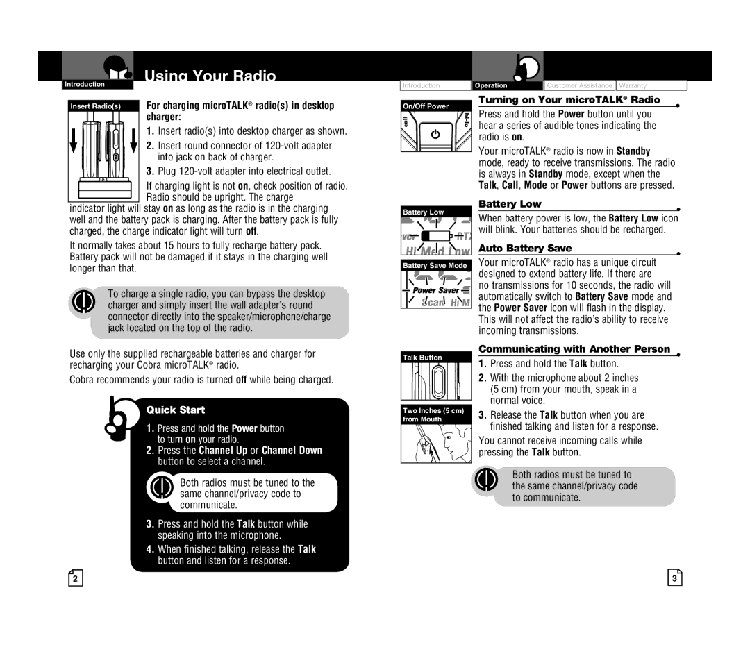 Cobra Electronics CXR925 owner manual Using Your Radio, Charger, Communicating with Another Person 