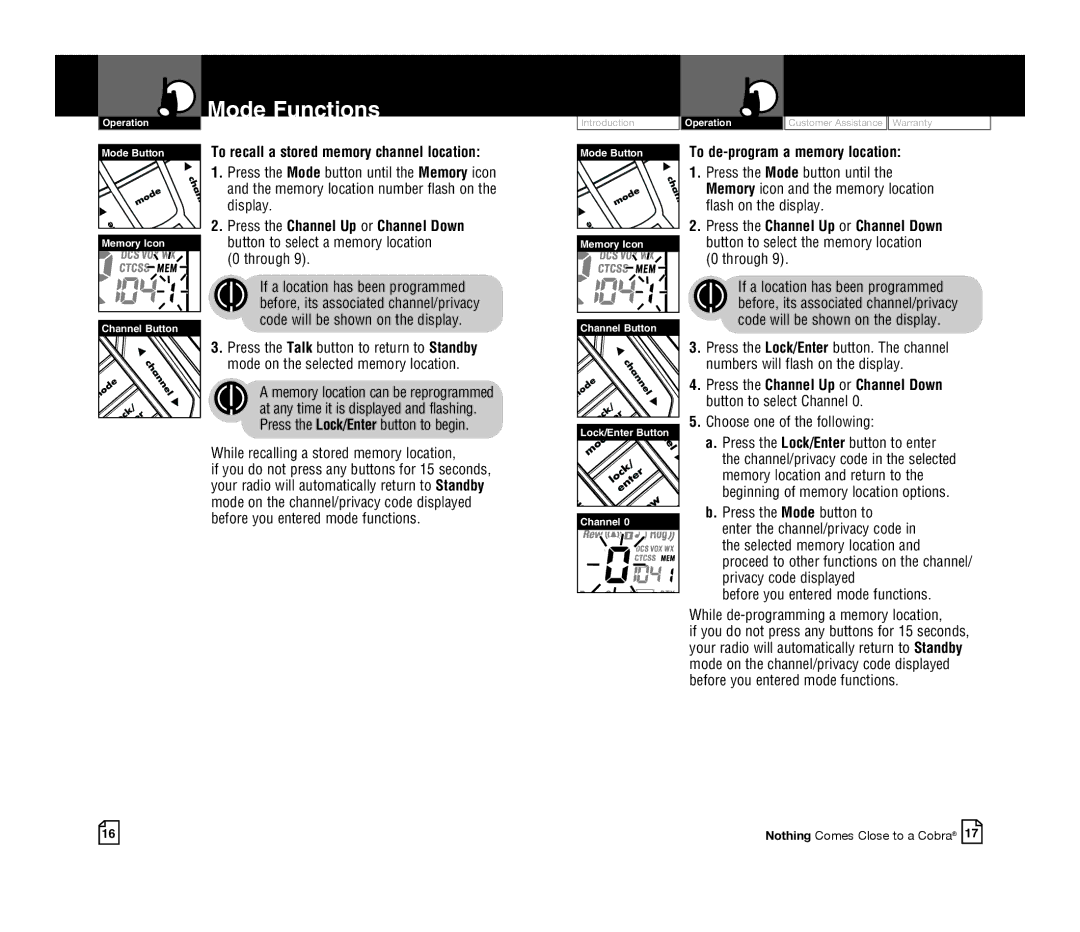 Cobra Electronics CXR925 owner manual To recall a stored memory channel location, To de-program a memory location 