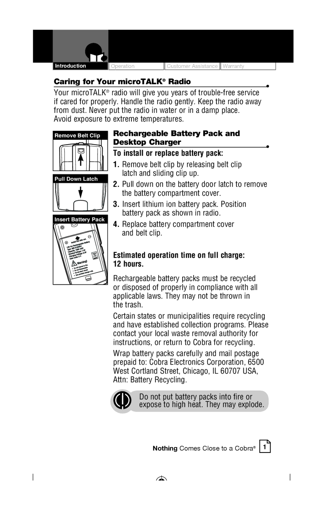 Cobra Electronics CXR925 owner manual Caring for Your microTALK Radio, Avoid exposure to extreme temperatures 