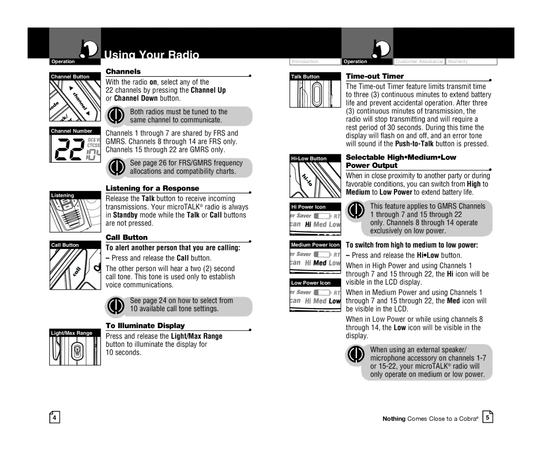 Cobra Electronics CXR925 Channels, Or Channel Down button, Time-out Timer, Listening for a Response, Call Button 
