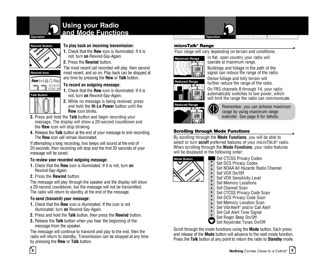 Cobra Electronics CXR925 owner manual Using your Radio and Mode Functions 