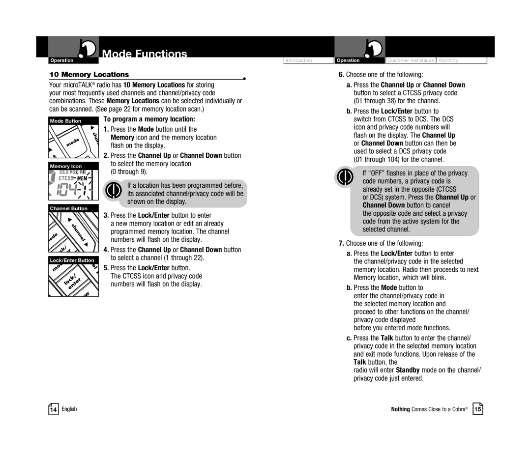 Cobra Electronics CXR925C owner manual Memory Locations 