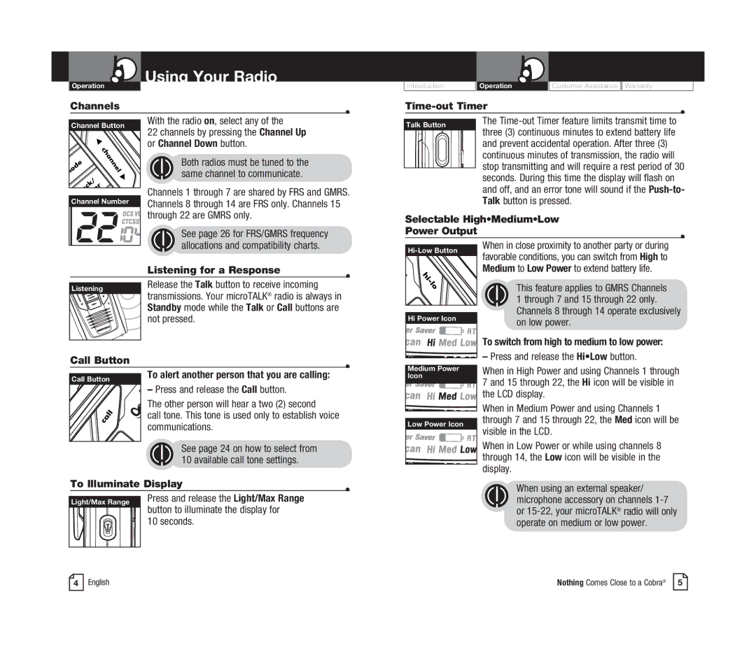 Cobra Electronics CXR925C Channels, Listening for a Response, Time-out Timer, Selectable HighMediumLow Power Output 