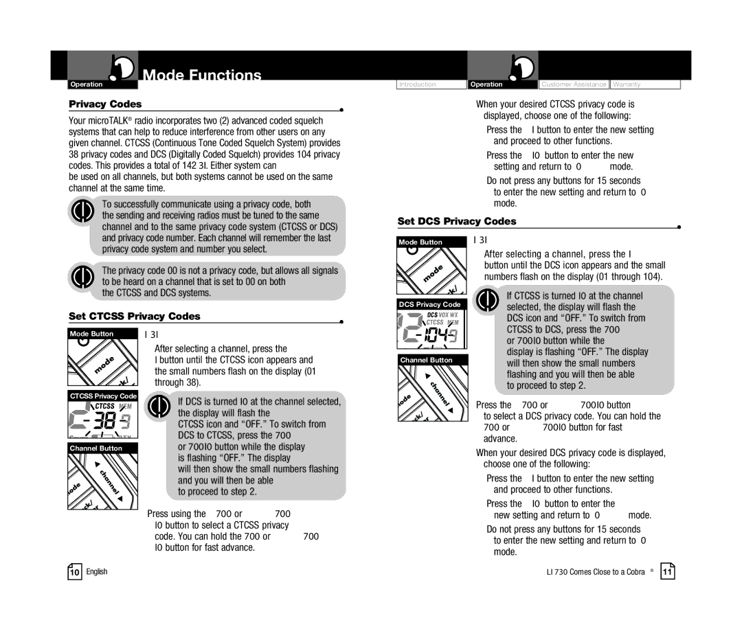 Cobra Electronics CXR925C owner manual Mode Functions, Set DCS Privacy Codes, Set Ctcss Privacy Codes 