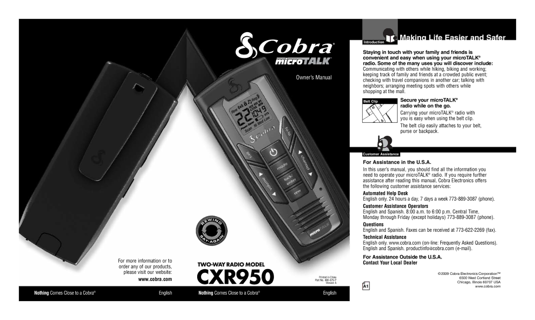 Cobra Electronics CXR950 owner manual Making Life Easier and Safer, For Assistance in the U.S.A, Automated Help Desk 