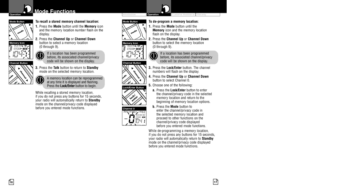 Cobra Electronics CXR950 owner manual To recall a stored memory channel location, While recalling a stored memory location 