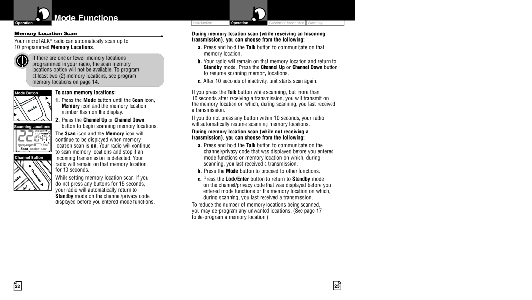 Cobra Electronics CXR950 owner manual Memory Location Scan, After 10 seconds of inactivity, unit starts scan again 