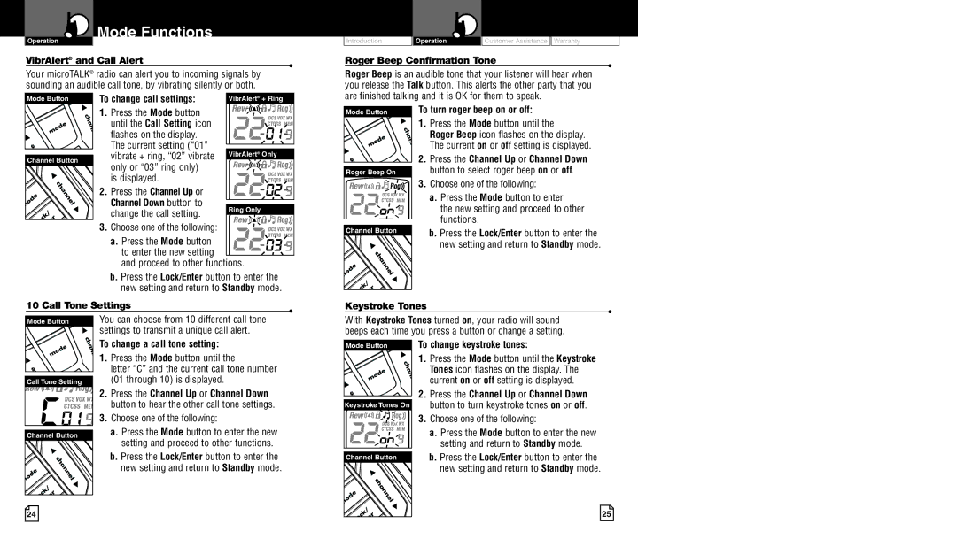 Cobra Electronics CXR950 VibrAlert and Call Alert, Roger Beep Confirmation Tone, Call Tone Settings, Keystroke Tones 