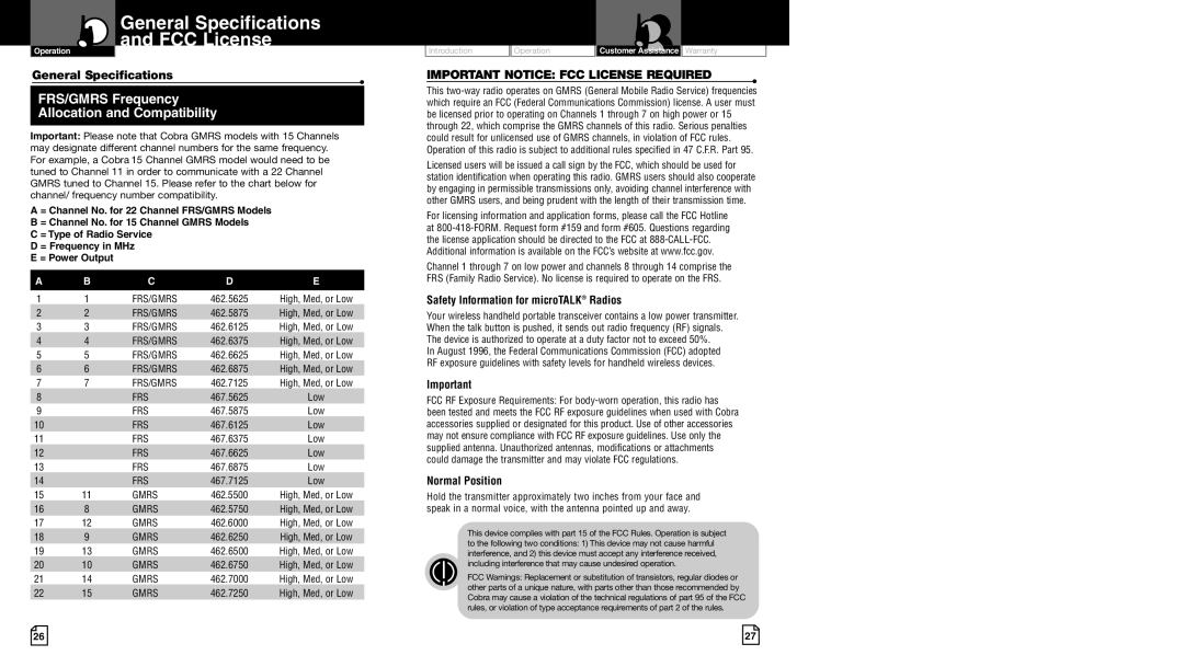 Cobra Electronics CXR950 owner manual General Specifications FCC License 