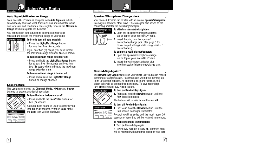 Cobra Electronics CXR950 owner manual Auto Squelch/Maximum Range, Lock Feature, Rewind-Say-Again 