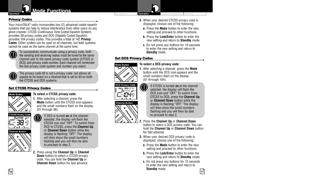 Cobra Electronics CXR950 owner manual Mode Functions, Set Ctcss Privacy Codes, Set DCS Privacy Codes 