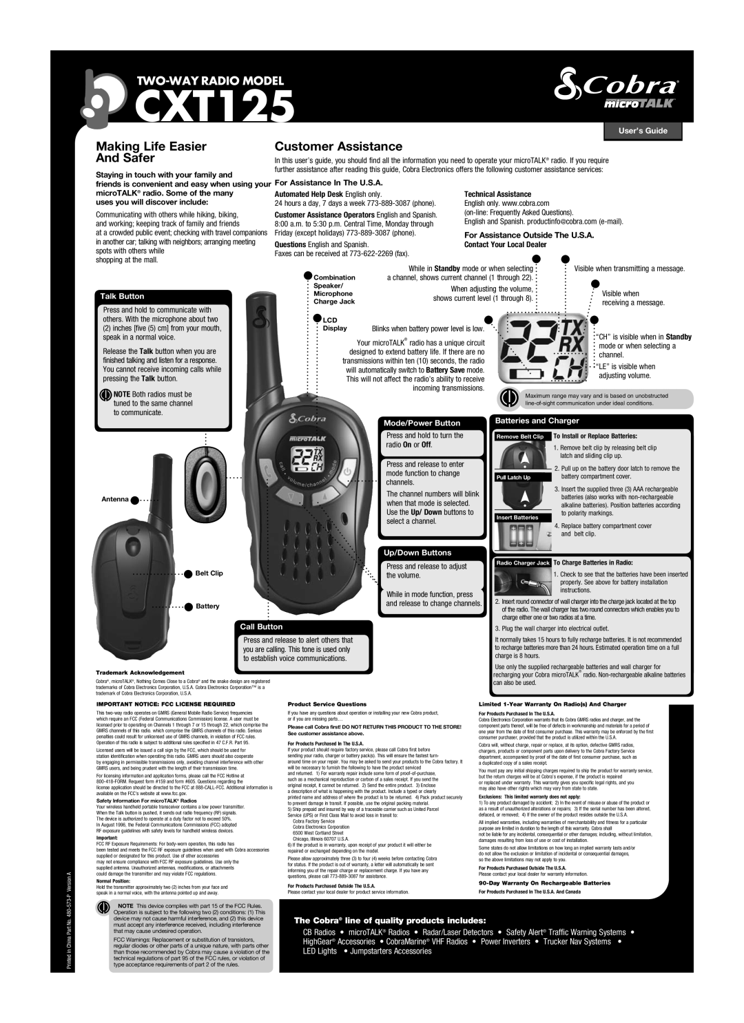 Cobra Electronics CXT125 warranty User’s Guide, Talk Button, Channel Numbers Transmit Icon, Receive Icon, Indicator 