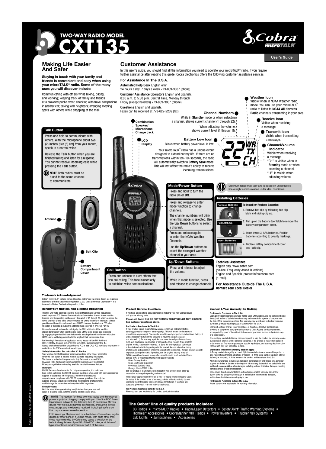 Cobra Electronics CXT135 warranty User’s Guide, Talk Button, Mode/Power Button, Installing Batteries, Call Button 