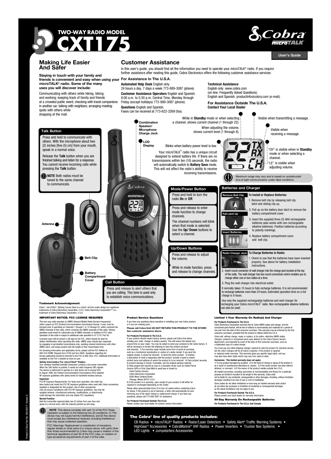 Cobra Electronics CXT175 warranty User’s Guide, Talk Button, Channel Numbers Transmit Icon, Receive Icon, Indicator 