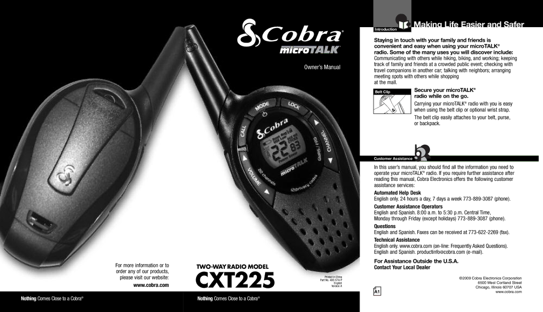 Cobra Electronics CXT225 owner manual Making Life Easier and Safer 