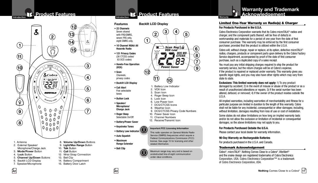 Cobra Electronics CXT225 owner manual Product Features, Warranty and Trademark Acknowledgement 