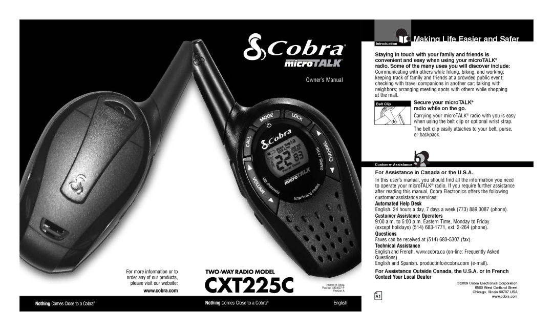 Cobra Electronics CXT225C owner manual Making Life Easier and Safer 