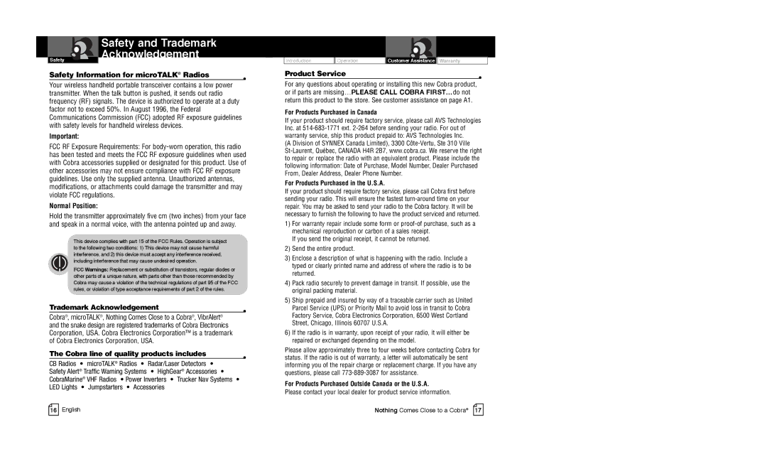 Cobra Electronics CXT225C Safety and Trademark Acknowledgement, Safety Information for microTALK Radios, Product Service 