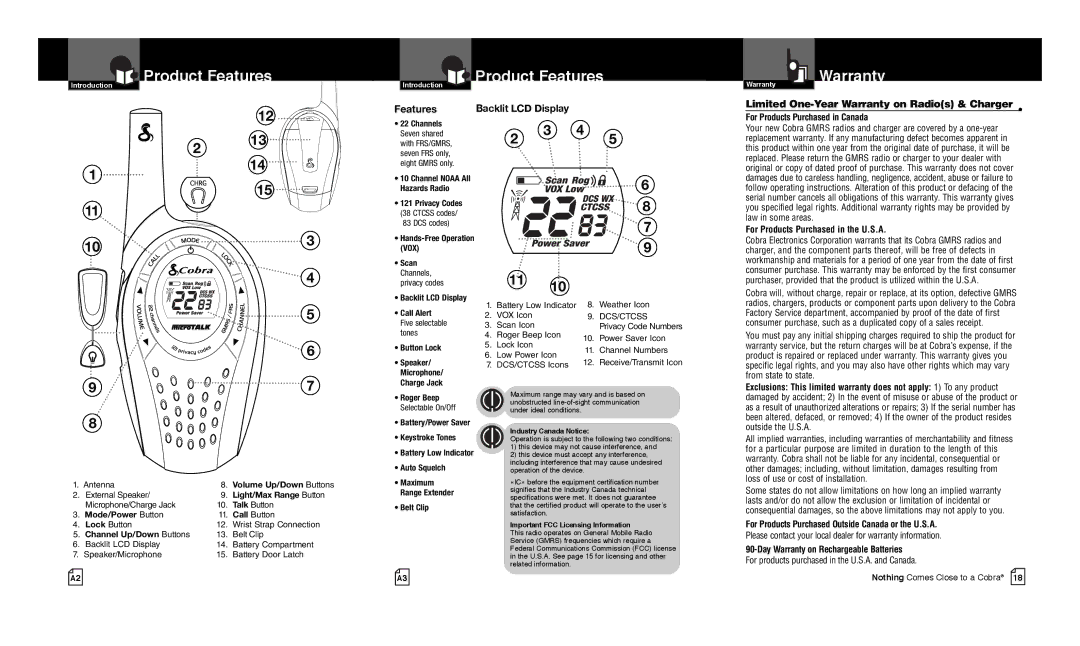 Cobra Electronics CXT225C owner manual Product Features, Limited One-Year Warranty on Radios & Charger 