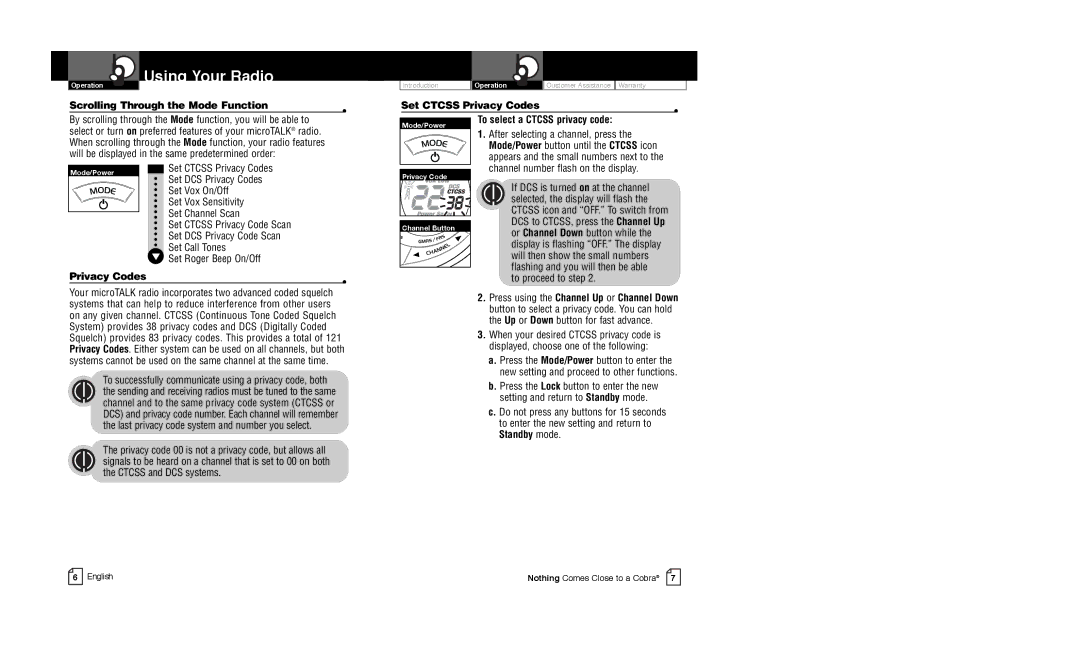 Cobra Electronics CXT225C Scrolling Through the Mode Function, Set Ctcss Privacy Codes To select a Ctcss privacy code 