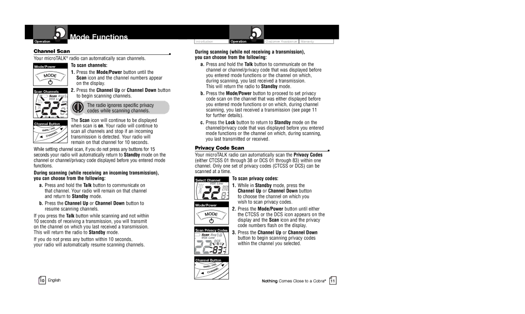 Cobra Electronics CXT225C owner manual Channel Scan, To scan channels, On the display, You can choose from the following 