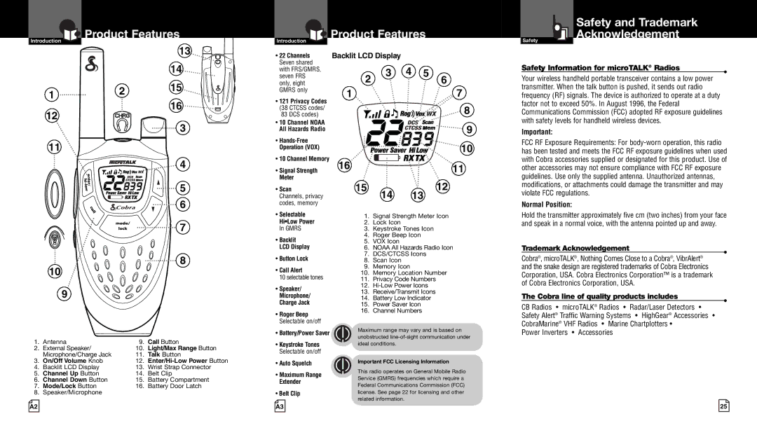 Cobra Electronics CXT400 owner manual Product Features, Backlit LCD Display, Safety Information for microTALK Radios 