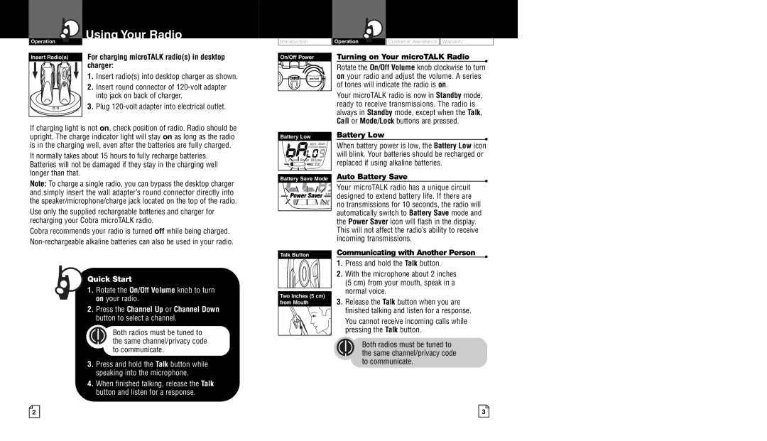 Cobra Electronics CXT400 owner manual Using Your Radio, For charging microTALK radios in desktop charger, Battery Low 