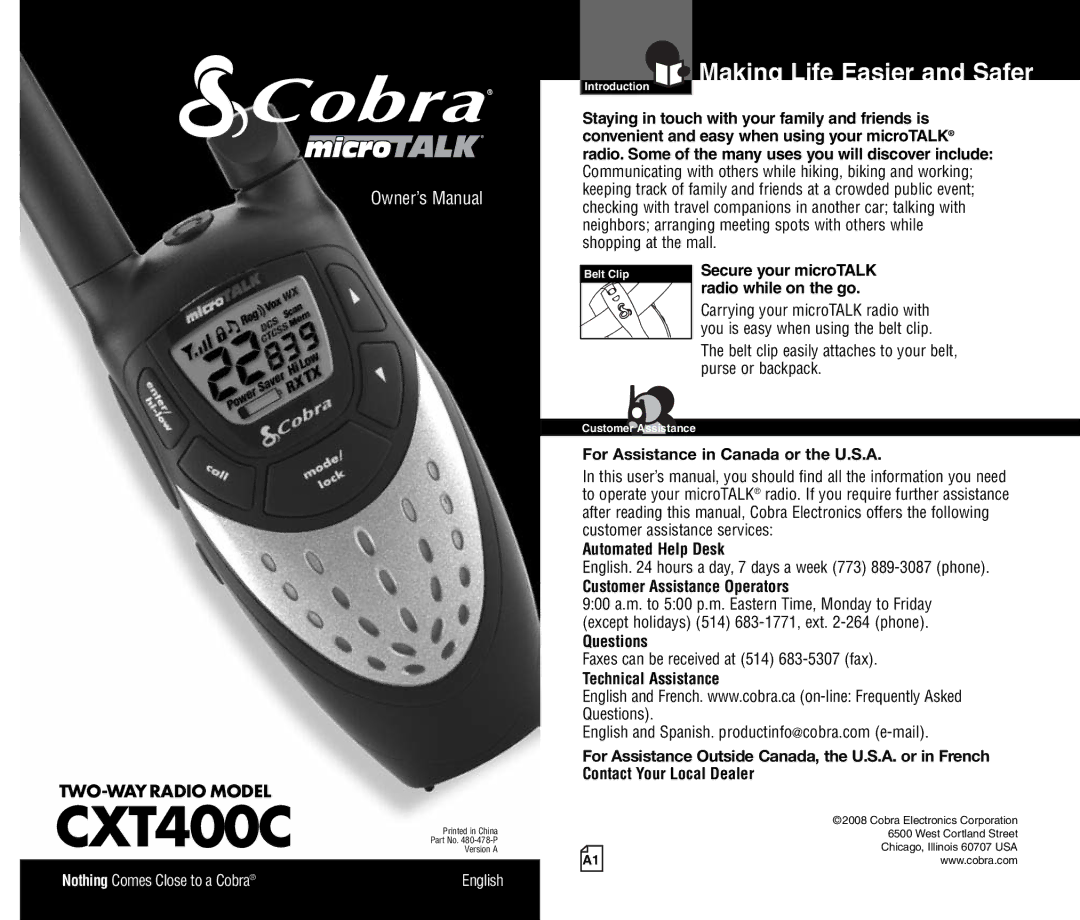 Cobra Electronics CXT400C owner manual Making Life Easier and Safer 