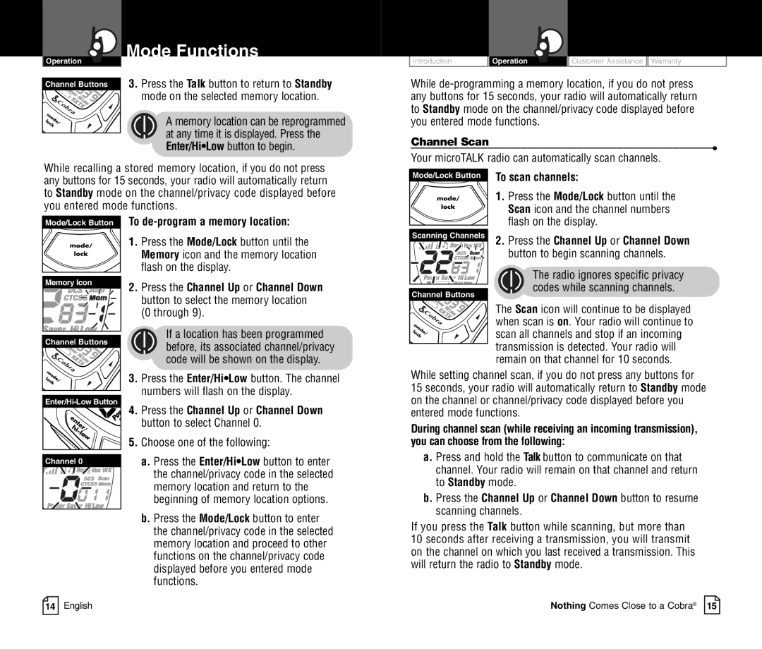 Cobra Electronics CXT400C owner manual Channel Scan, To de-program a memory location, Flash on the display 