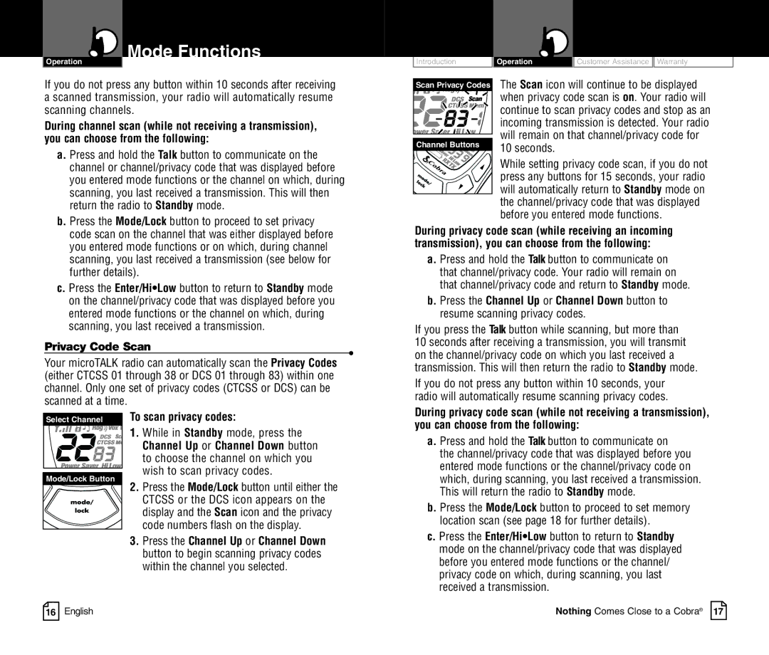 Cobra Electronics CXT400C Press the Mode/Lock button to proceed to set privacy, Privacy Code Scan, To scan privacy codes 