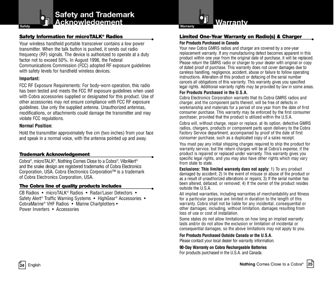 Cobra Electronics CXT400C Safety Information for microTALK Radios, Limited One-Year Warranty on Radios & Charger 