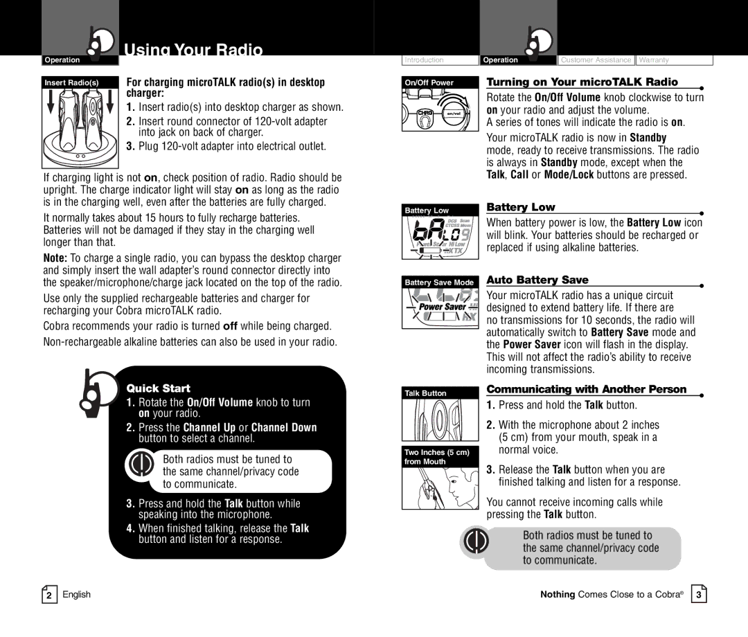 Cobra Electronics CXT400C owner manual Using Your Radio, For charging microTALK radios in desktop charger 