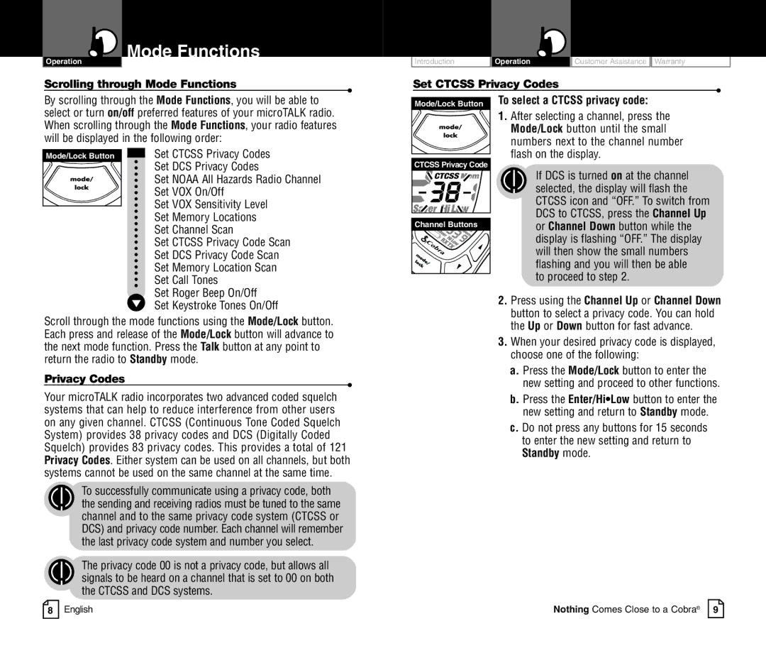 Cobra Electronics CXT400C owner manual Scrolling through Mode Functions, Set Ctcss Privacy Codes 