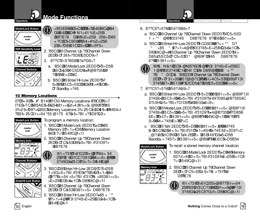 Cobra Electronics CXT400C owner manual Choose one of the following, Memory Locations, To program a memory location 