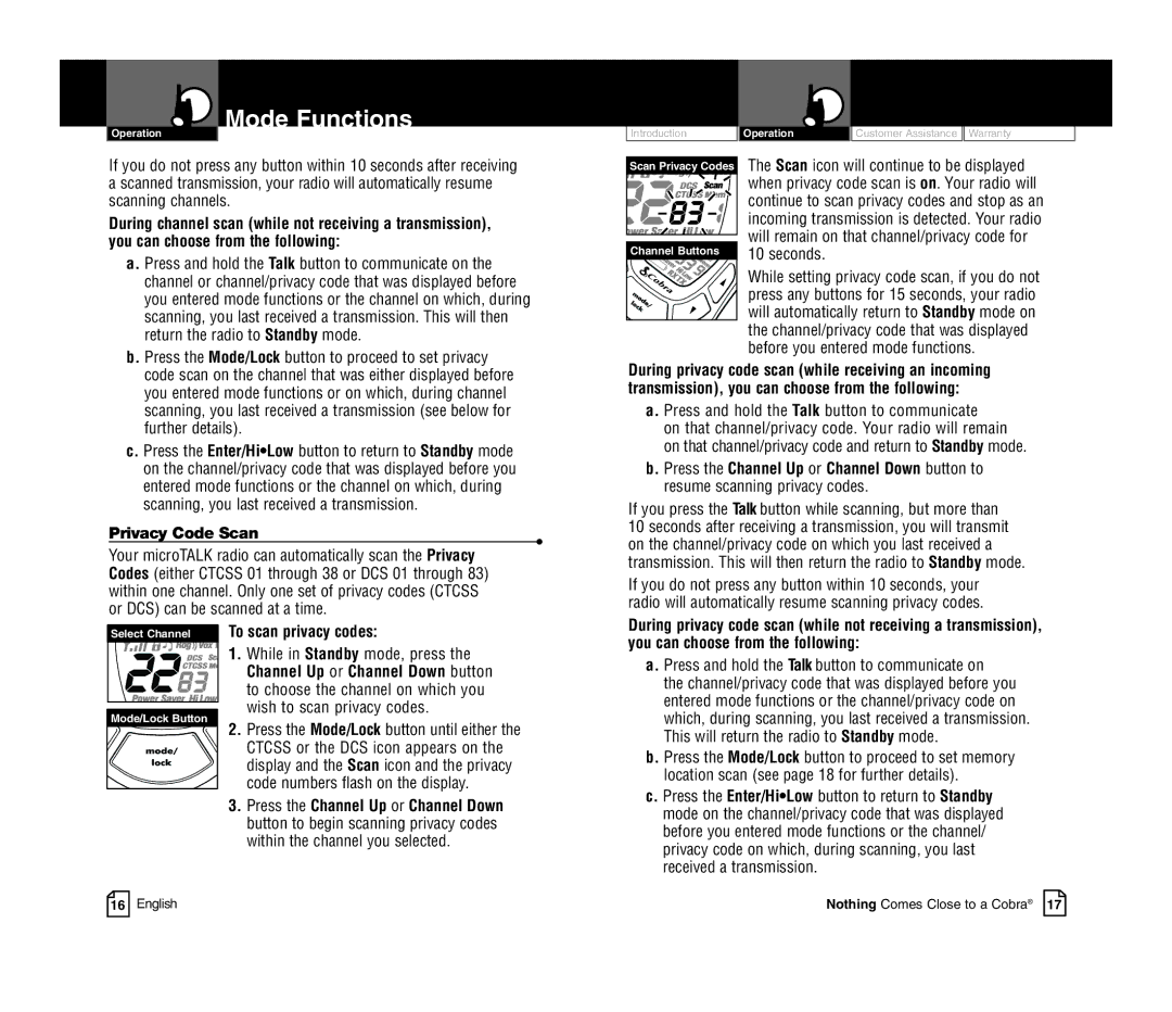 Cobra Electronics CXT420C owner manual Press the Mode/Lock button to proceed to set privacy, Privacy Code Scan 