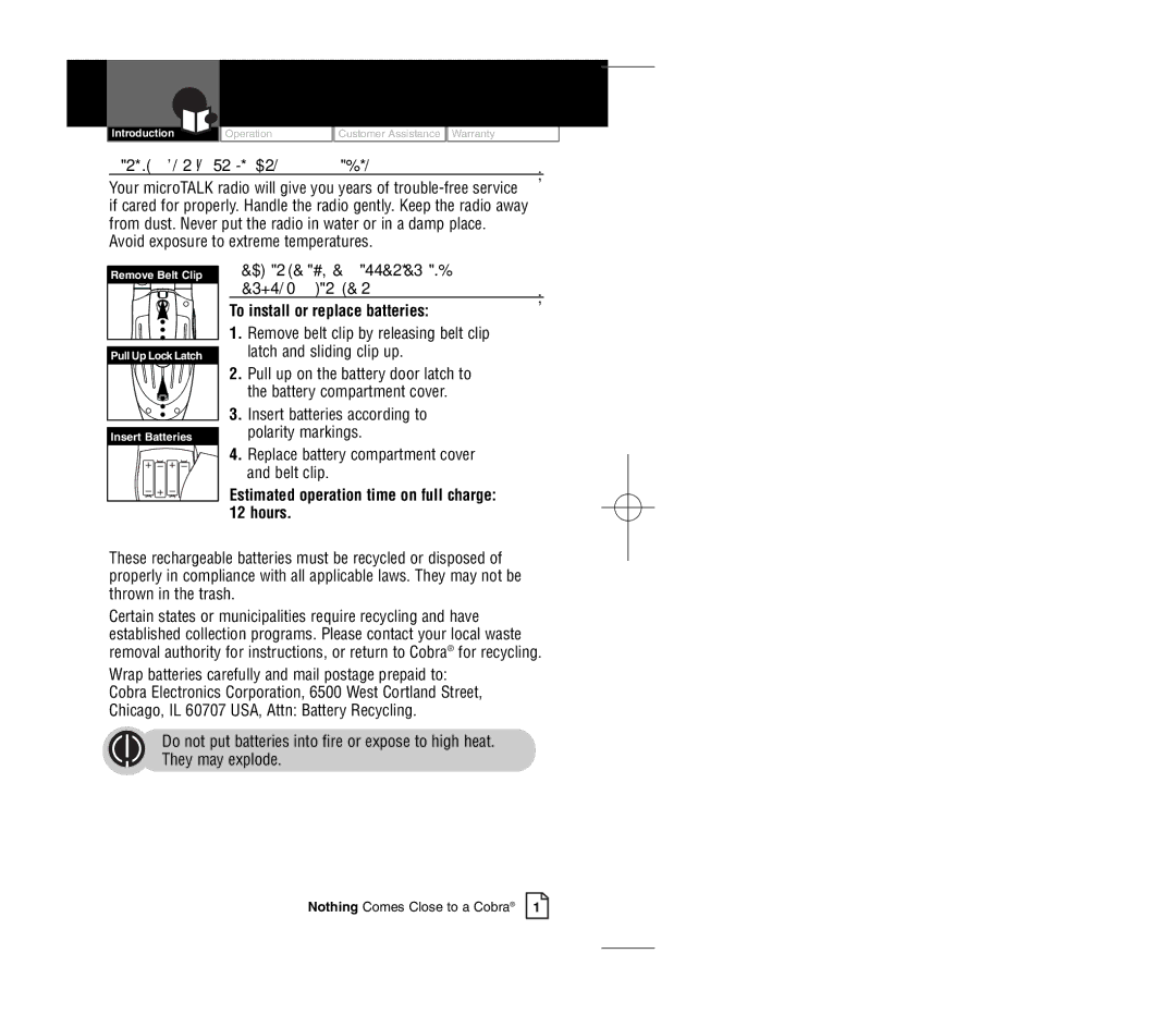 Cobra Electronics CXT420C owner manual Caring for Your microTALKRadio, Rechargeable Batteries Desktop Charger 