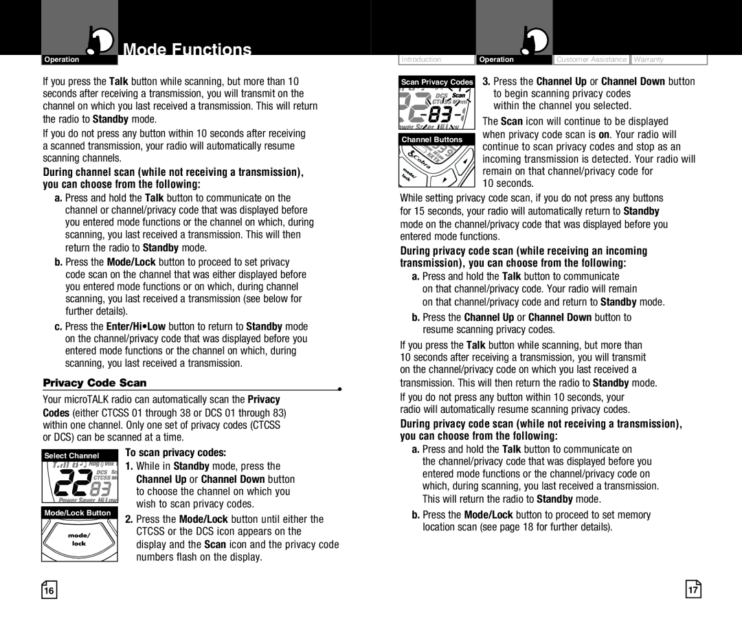 Cobra Electronics CXT425 owner manual You can choose from the following, Privacy Code Scan 