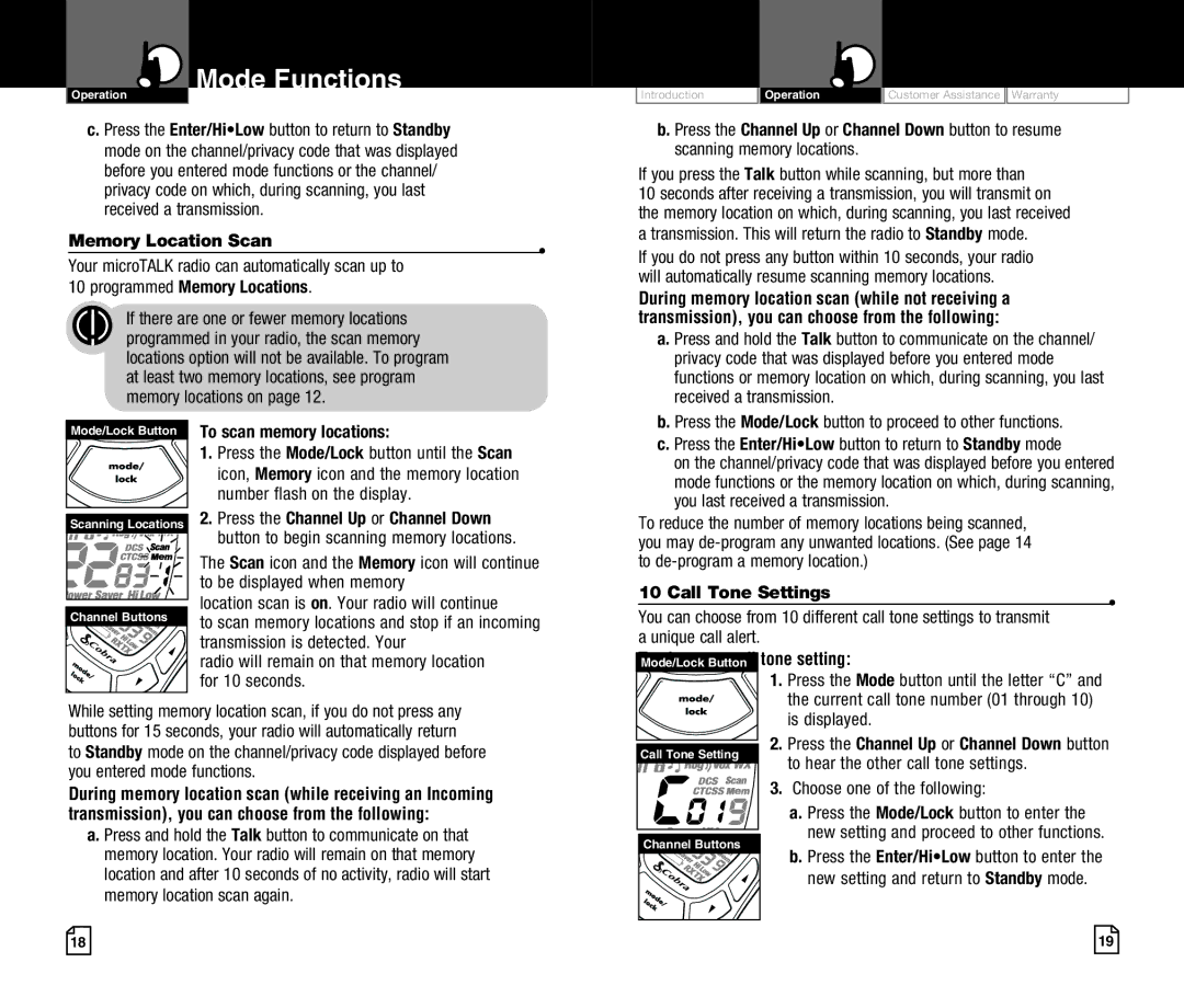 Cobra Electronics CXT425 Memory Location Scan, Call Tone Settings, During memory location scan while receiving an Incoming 