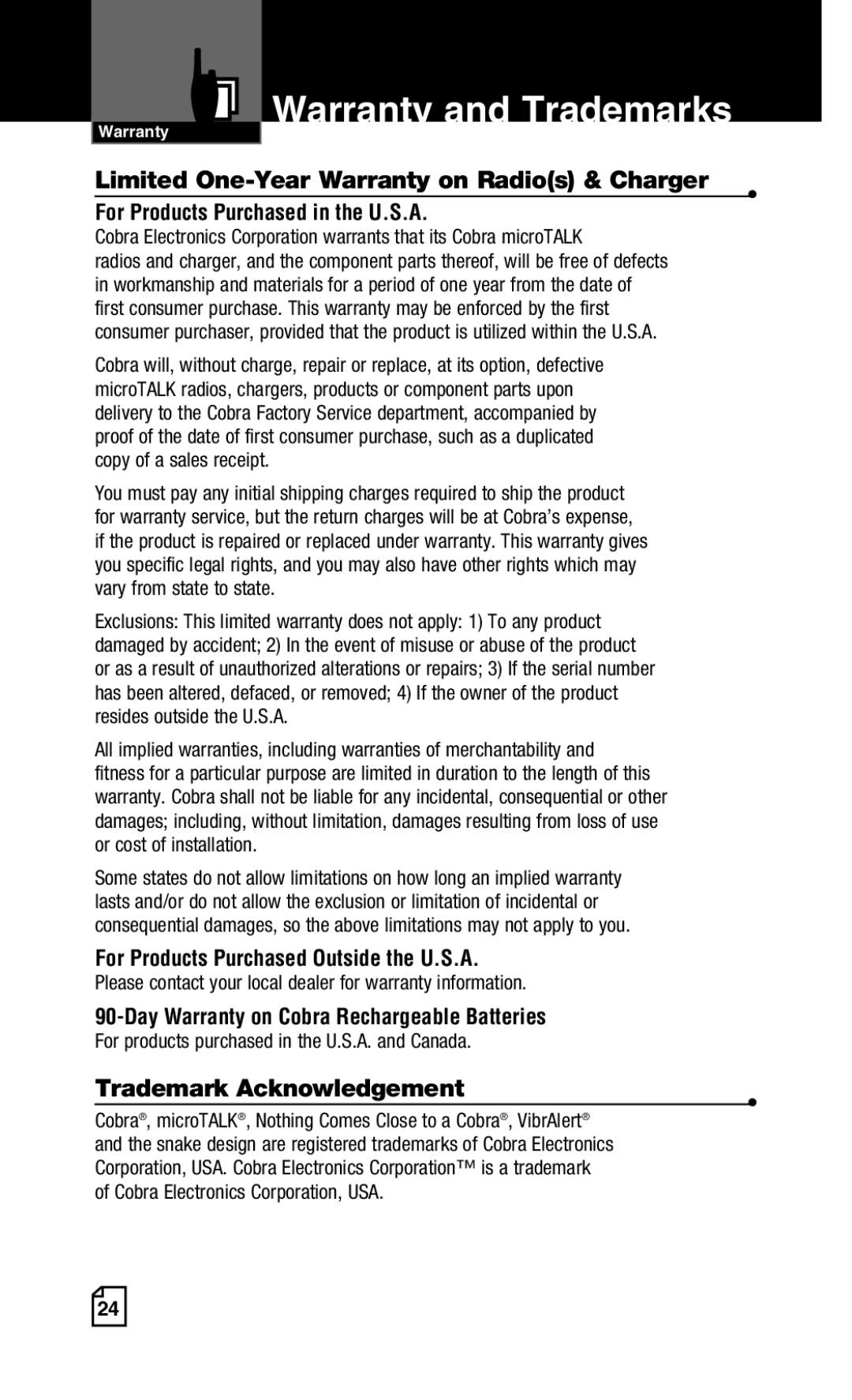 Cobra Electronics CXT425 Warranty and Trademarks, Limited One-Year Warranty on Radios & Charger, Trademark Acknowledgement 