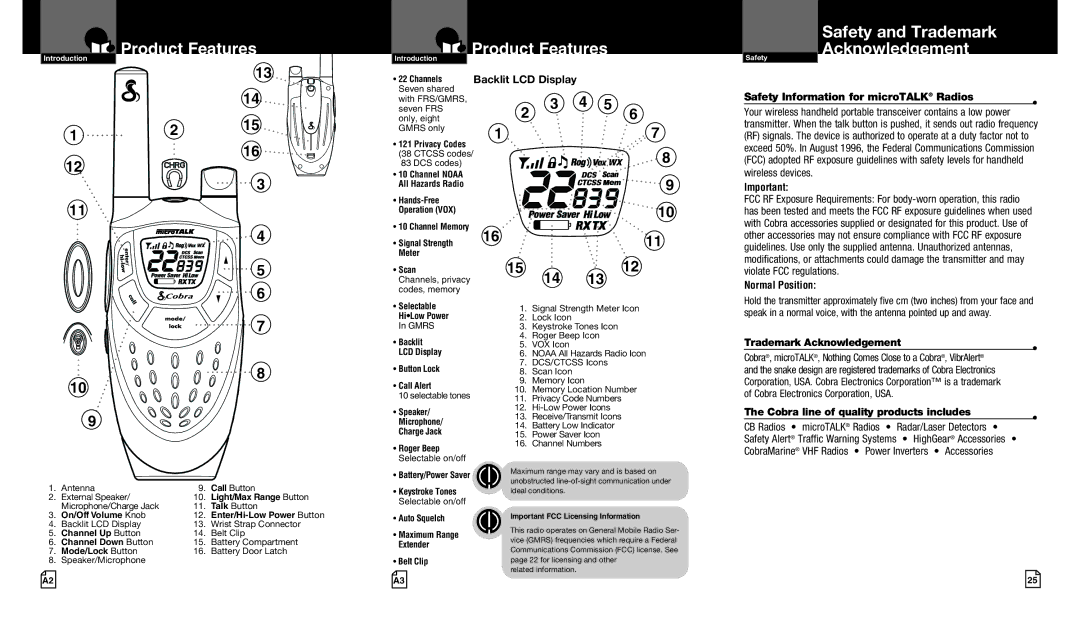 Cobra Electronics CXT425 Product Features, Safety and Trademark Acknowledgement, Safety Information for microTALK Radios 