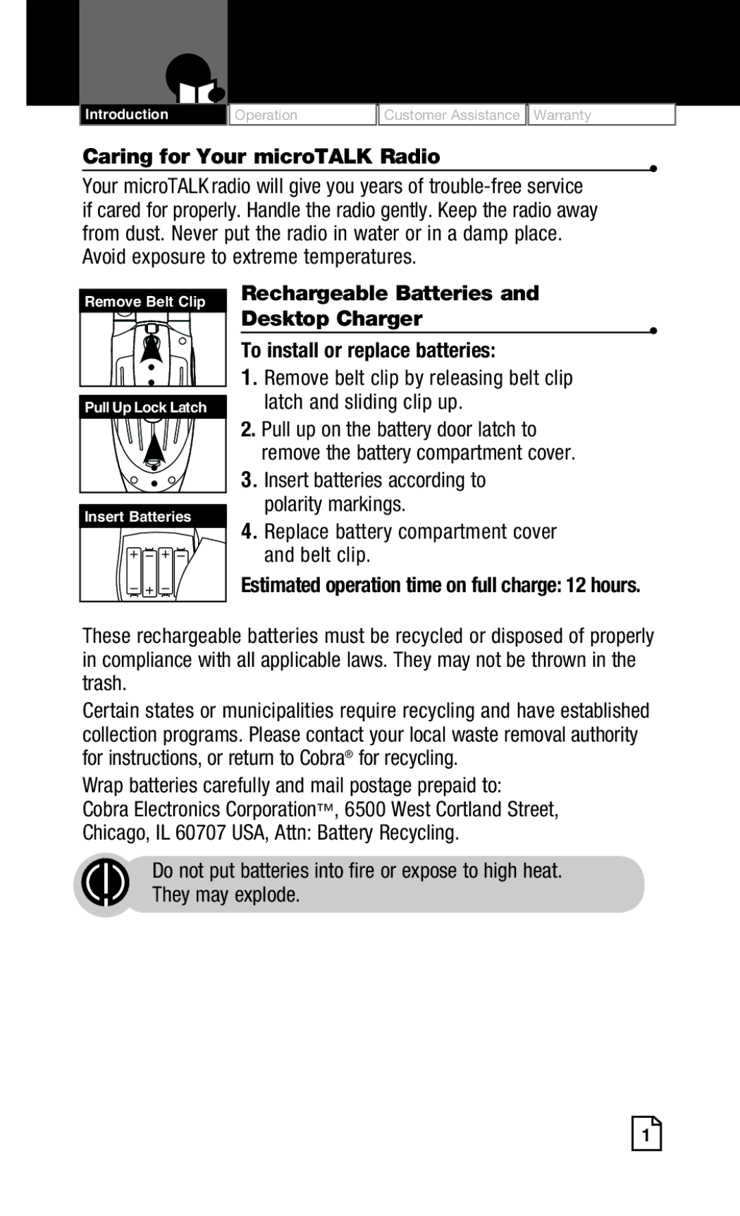 Cobra Electronics CXT425 owner manual Caring for Your microTALK Radio, Avoid exposure to extreme temperatures 