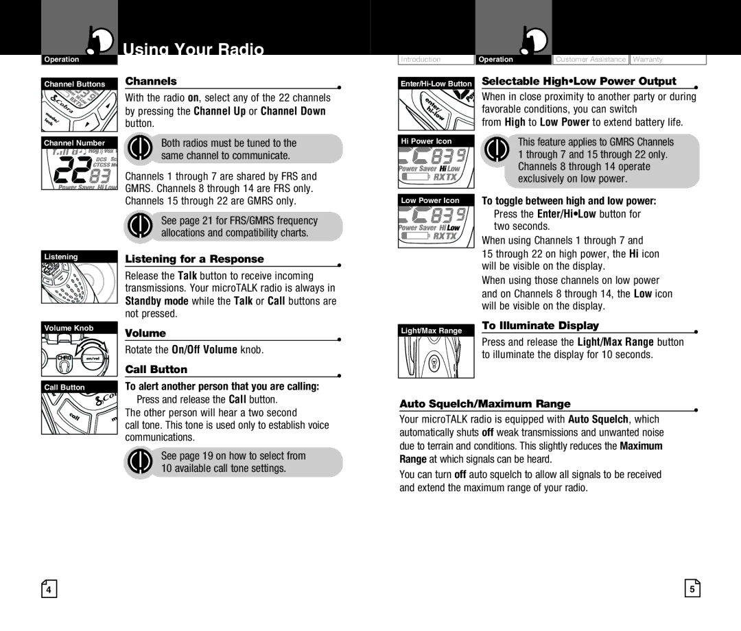 Cobra Electronics CXT425 owner manual Channels, Listening for a Response, Volume, Call Button, To Illuminate Display 
