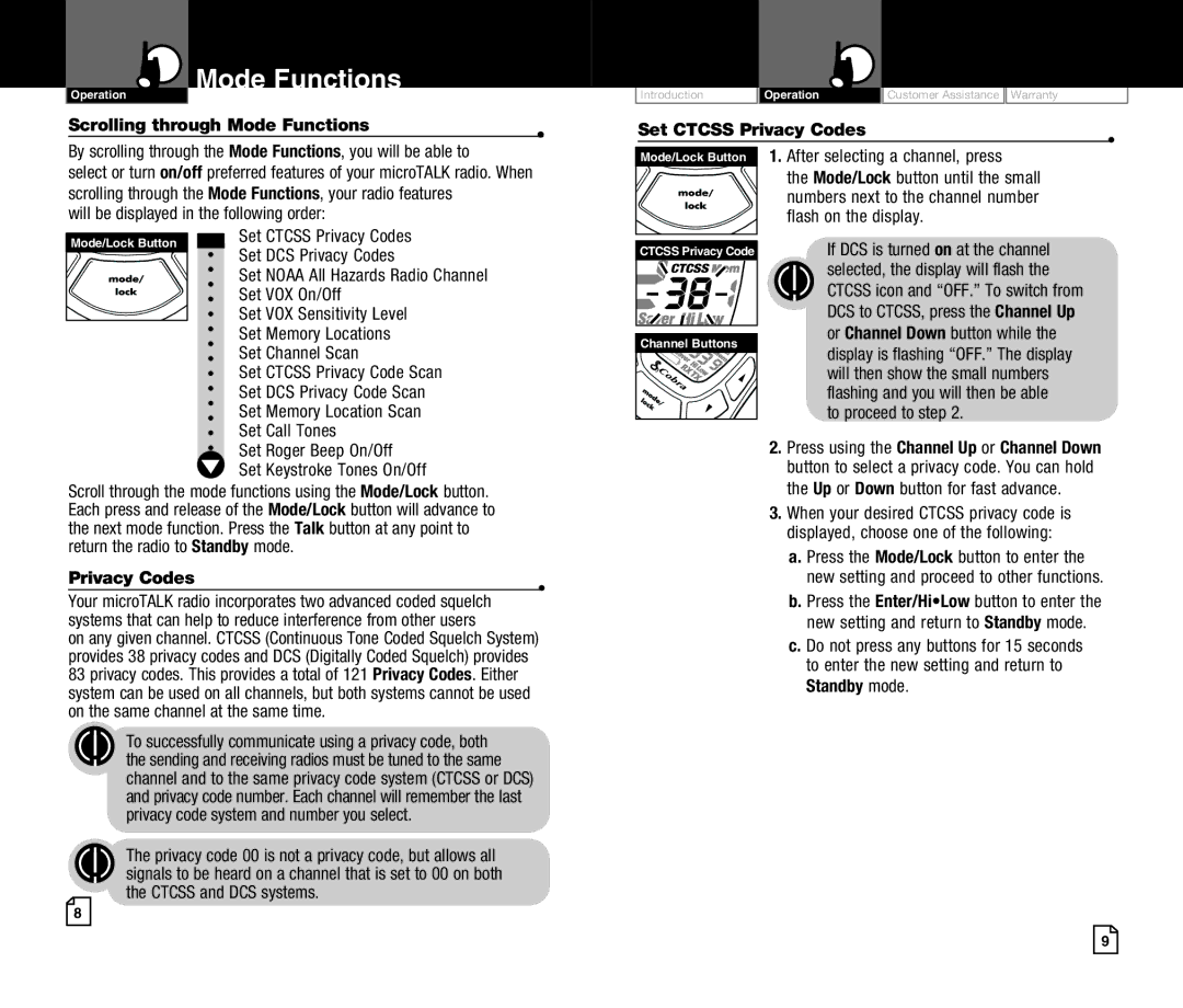 Cobra Electronics CXT425 owner manual Scrolling through Mode Functions, Privacy Codes 