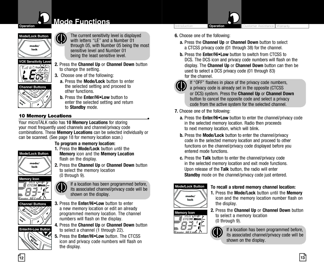 Cobra Electronics CXT425 owner manual Memory Locations 