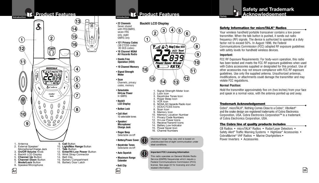 Cobra Electronics CXT450 Product Features, Safety Information for microTALK Radios, Power Inverters Accessories 