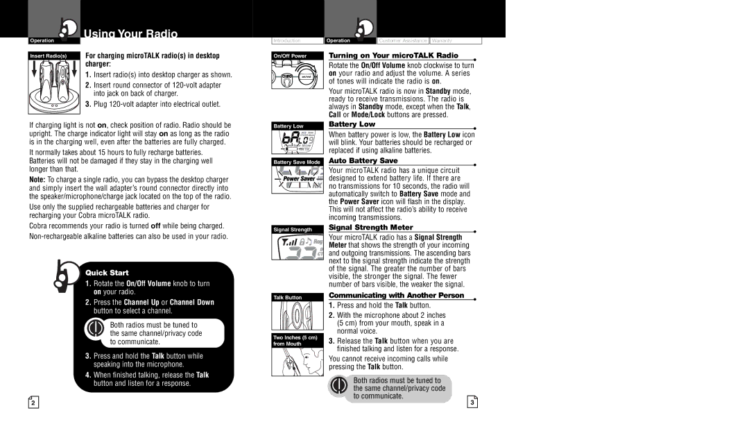 Cobra Electronics CXT450 owner manual Using Your Radio, For charging microTALK radios in desktop charger, Battery Low 