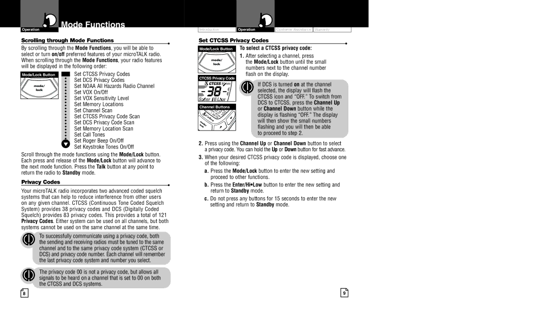 Cobra Electronics CXT450 owner manual Scrolling through Mode Functions, Set Ctcss Privacy Codes 